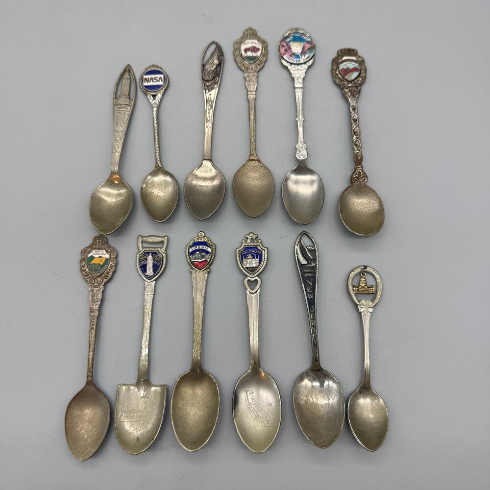 Vintage Souvenir Spoon lot of 12 Silver Tone North Dakota Hoover Dam NASA NY Etc